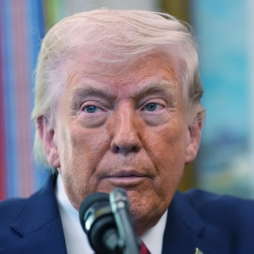 President Donald Trump speaks during the swearing in for Homeland Security Secretary Markwayne Mullin in the Oval Office of the White House, Tuesday, March 24, 2026, in Washington. (AP Photo/Alex Brandon)