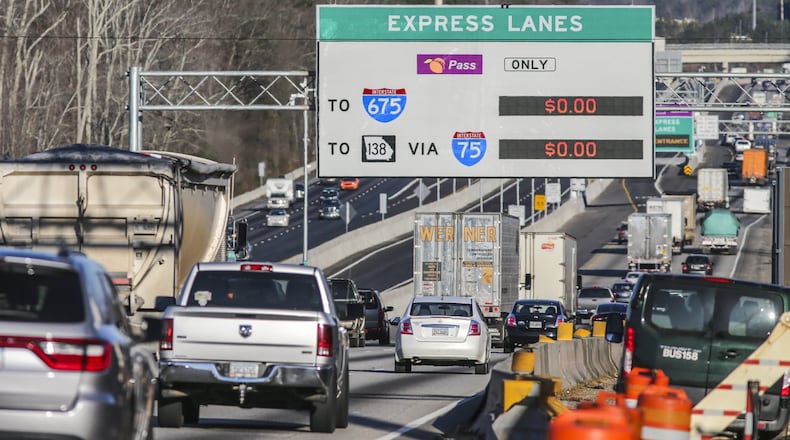 SECONDARY PHOTO - January 27, 2017 Henry and Clayton County: The Express Lanes toll sign just north of Hwy 20 un McDonough, Georgia showed no charge as the new I-75 South Metro Express Lanes had their first rush hour test Monday morning, Jan. 30, 2017. The lanes opened Saturday. The two toll lanes are reversible - they’ll carry northbound traffic into Atlanta in the morning and southbound traffic out of town in the afternoon. Only motorists with a Peach Pass can use them, though they’ll be free for those with a pass for the first two weeks. “We have not had any issues and the lanes have been operating smoothly, without any incidents as of this time,” Georgia Department of Transportation spokeswoman Jill Goldberg said late Sunday afternoon. Goldberg said the department would not have any statistics on how many people used the lanes for a week or so. JOHN SPINK /JSPINK@AJC.COM