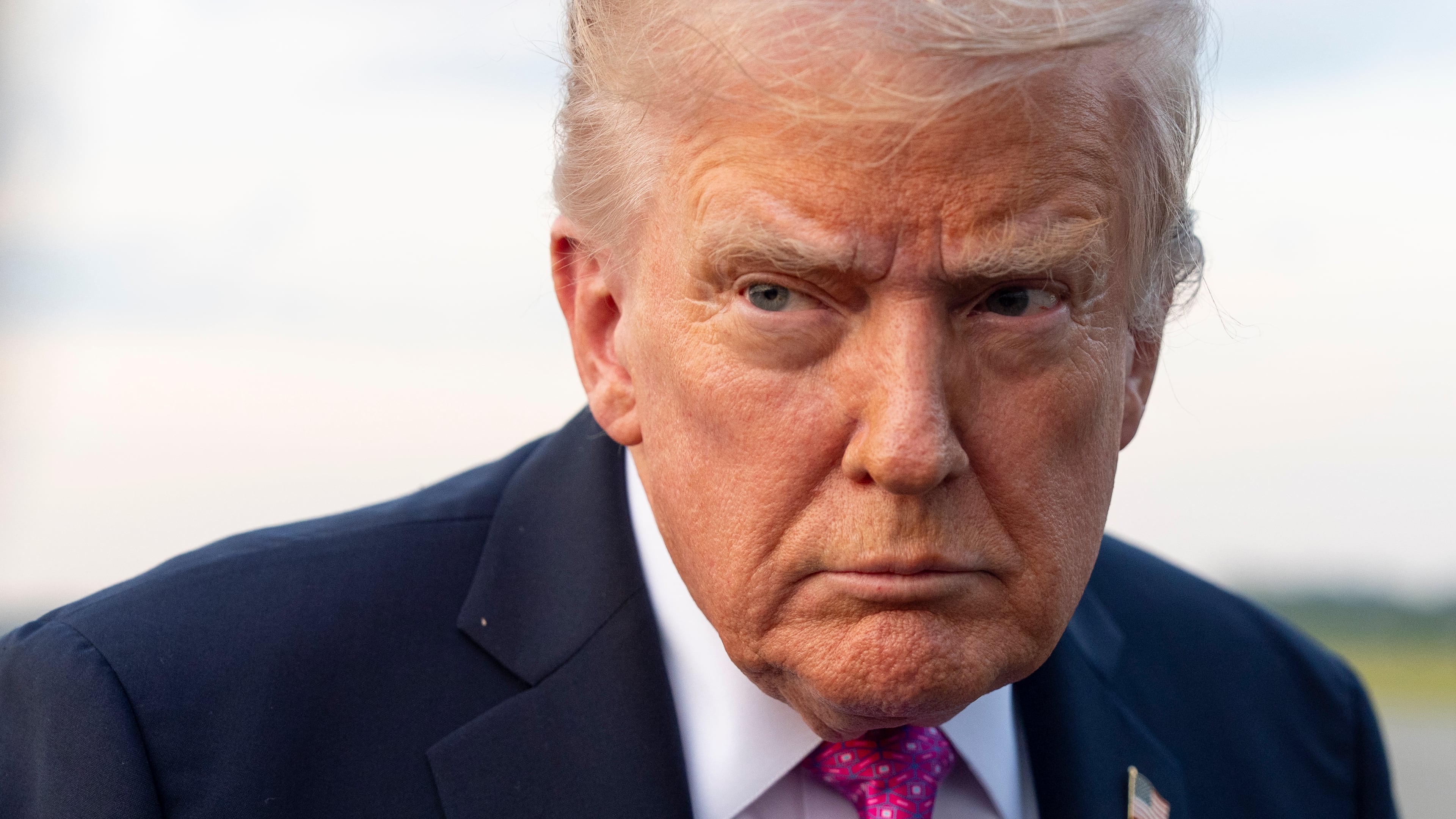 President Donald Trump speaks with reporters before he departs on Air Force One at Morristown Airport, Sunday, Sept. 14, 2025, in Morristown, N.J. (AP Photo/Alex Brandon)