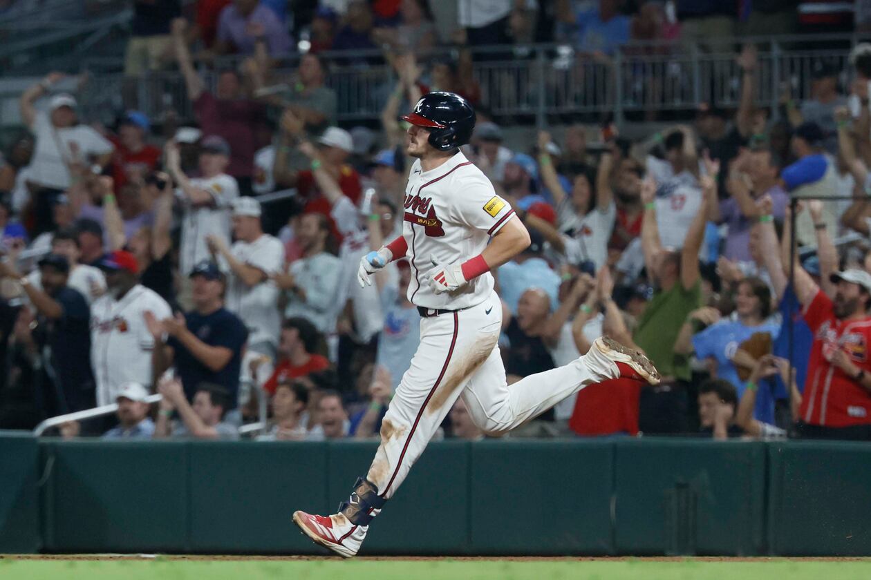 Braves catcher Sean Murphy rounds the bases after hitting a solo home run against the Dodgers on Wednesday, Aug. 26, 2026, at Truist Park in Atlanta. Anything Murphy does with the bat is a bonus to what he adds defensively. (Miguel Martinez/AJC)
