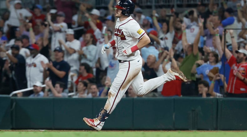 Braves catcher Sean Murphy rounds the bases after hitting a solo home run against the Dodgers on Wednesday, Aug. 26, 2026, at Truist Park in Atlanta. Anything Murphy does with the bat is a bonus to what he adds defensively. (Miguel Martinez/AJC)