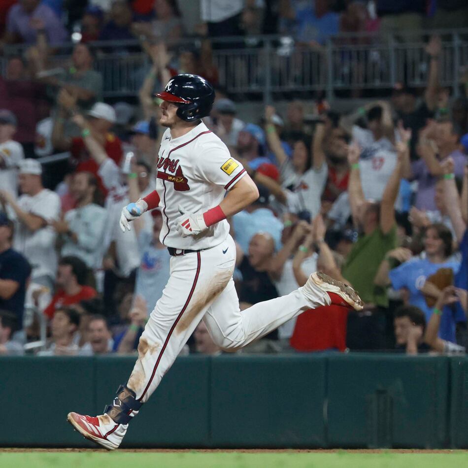 Braves catcher Sean Murphy rounds the bases after hitting a solo home run against the Dodgers on Wednesday, Aug. 26, 2026, at Truist Park in Atlanta. Anything Murphy does with the bat is a bonus to what he adds defensively. (Miguel Martinez/AJC)