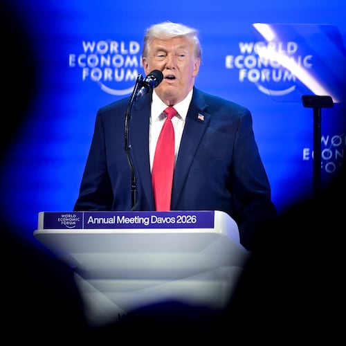 President Donald Trump speaks during the 56th annual meeting of the World Economic Forum, WEF, in Davos, Switzerland, Wednesday, Jan. 21, 2026. (Gian Ehrenzeller/Keystone via AP)