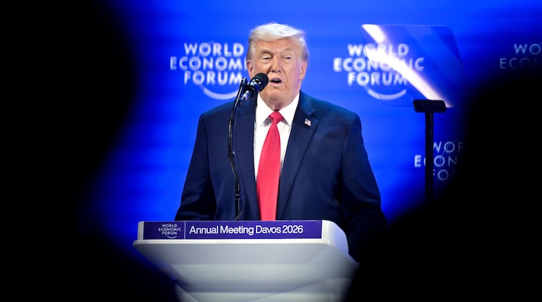 President Donald Trump speaks during the 56th annual meeting of the World Economic Forum, WEF, in Davos, Switzerland, Wednesday, Jan. 21, 2026. (Gian Ehrenzeller/Keystone via AP)