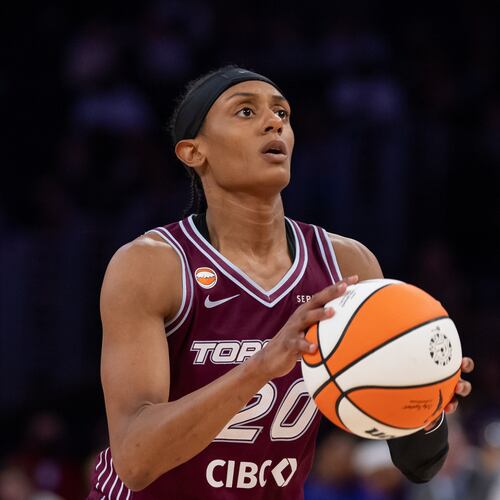 FILE - Toronto Tempo guard Brittney Sykes against the Los Angeles Sparks during a WNBA basketball game in Los Angeles, May 15, 2026. (AP Photo/Jeff Lewis, file)