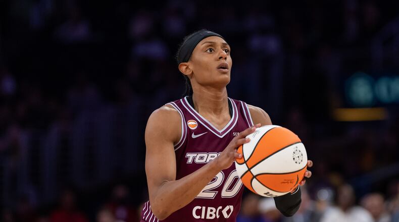 FILE - Toronto Tempo guard Brittney Sykes against the Los Angeles Sparks during a WNBA basketball game in Los Angeles, May 15, 2026. (AP Photo/Jeff Lewis, file)