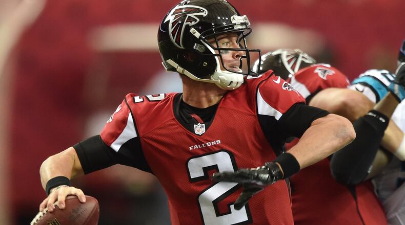 October 2, 2016 Atlanta: Atlanta Falcons quarterback Matt Ryan throws against the Carolina Panthers in the Georgia Dome Sunday October 2, 2016. BRANT SANDERLIN/BSANDERLIN@AJC.COM