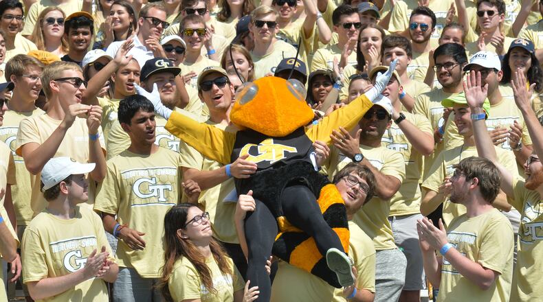 September 9, 2017 Atlanta - Buzz entertains fans before the Georgia Tech home opener against the Jacksonville State at Bobby Dodd Stadium on Saturday, September 9, 2017. Georgia Tech won 37-10 over the Jacksonville State. HYOSUB SHIN / HSHIN@AJC.COM