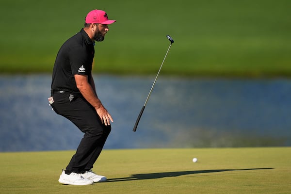 Jon Rahm, of Spain, reacts after missing a putt on the 16th hole during the final round of the PGA Championship golf tournament at the Quail Hollow Club, Sunday, May 18, 2025, in Charlotte, N.C. (AP Photo/George Walker IV)