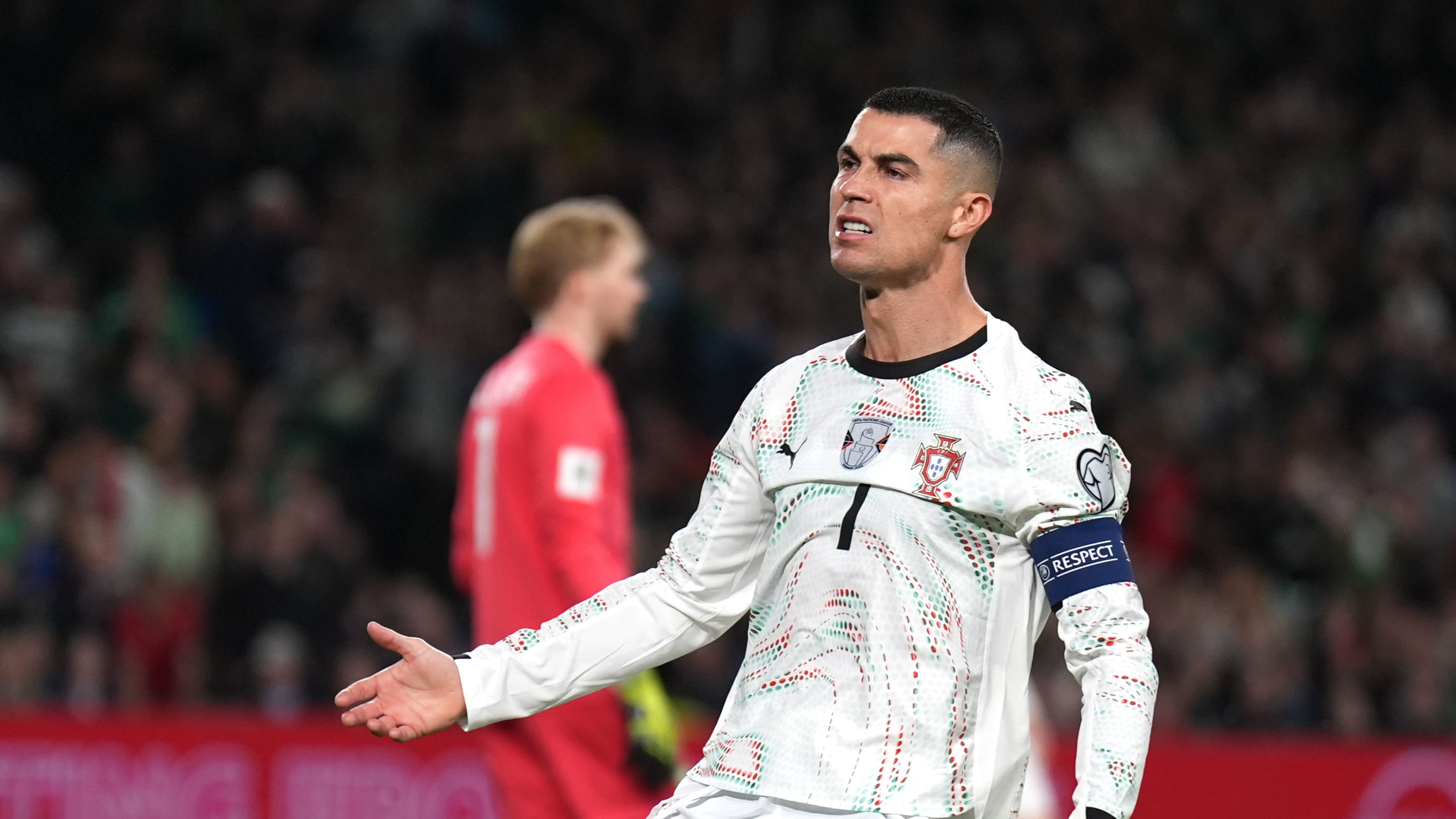Portugal's Cristiano Ronaldo reacts during a World Cup 2026 group F qualifying soccer match between Ireland and Portugal in Dublin, Thursday, Nov. 13, 2025. (Niall Carson/PA via AP)