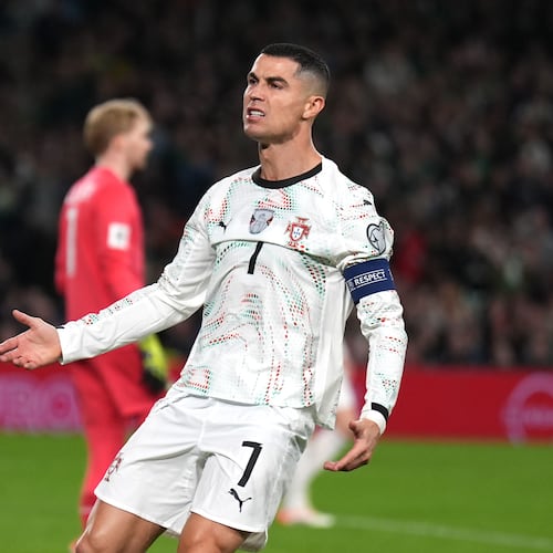 Portugal's Cristiano Ronaldo reacts during a World Cup 2026 group F qualifying soccer match between Ireland and Portugal in Dublin, Thursday, Nov. 13, 2025. (Niall Carson/PA via AP)