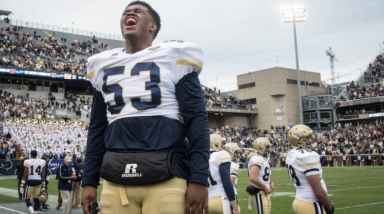 Georgia Tech Jahaziel Lee (53) celebrates as their football game goes into the final moments against Virginia Tech on Saturday, Nov.11, 2017, in Atlanta. (Photo/John Amis)