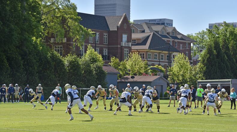 April 16, 2019 Atlanta -  Georgia Tech football players participate in a drill at Georgia Tech's football outdoor practice field on Tuesday, April 16, 2019. HYOSUB SHIN / HSHIN@AJC.COM