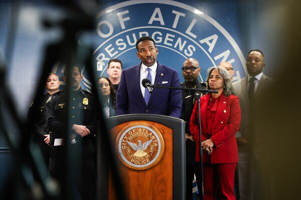 Mayor Andre Dickens speaks during a press conference at the Atlanta Police Department Public Safety Headquarters in Atlanta on Monday, April 6, 2026. The press conference was held to discuss the violence that took place over Easter weekend in Atlanta. (Abbey Cutrer/AJC)