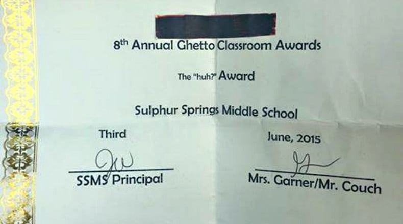 Ghetto Classroom Awards were given out to students at Sulphur Springs Middle School in Texas.