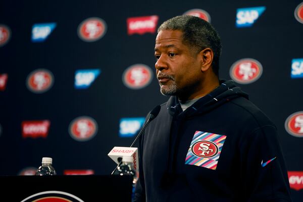 San Francisco 49ers defensive coordinator Steve Wilks speaks at a press conference during the Super Bowl bye week at Levi’s Stadium in Santa Clara, California, on Feb. 2, 2024. (Shae Hammond/Bay Area News Group/TNS)