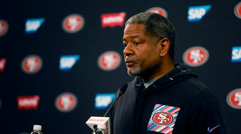 San Francisco 49ers defensive coordinator Steve Wilks speaks at a press conference during the Super Bowl bye week at Levi’s Stadium in Santa Clara, California, on Feb. 2, 2024. (Shae Hammond/Bay Area News Group/TNS)