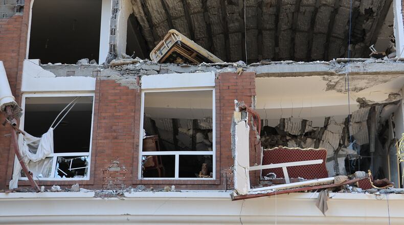 An apartment building is seen after an explosion in the southern port city of Bandar Abbas, Iran, on Saturday, Jan. 31, 2026. (Amirhosein Khorgooi/ISNA via AP)