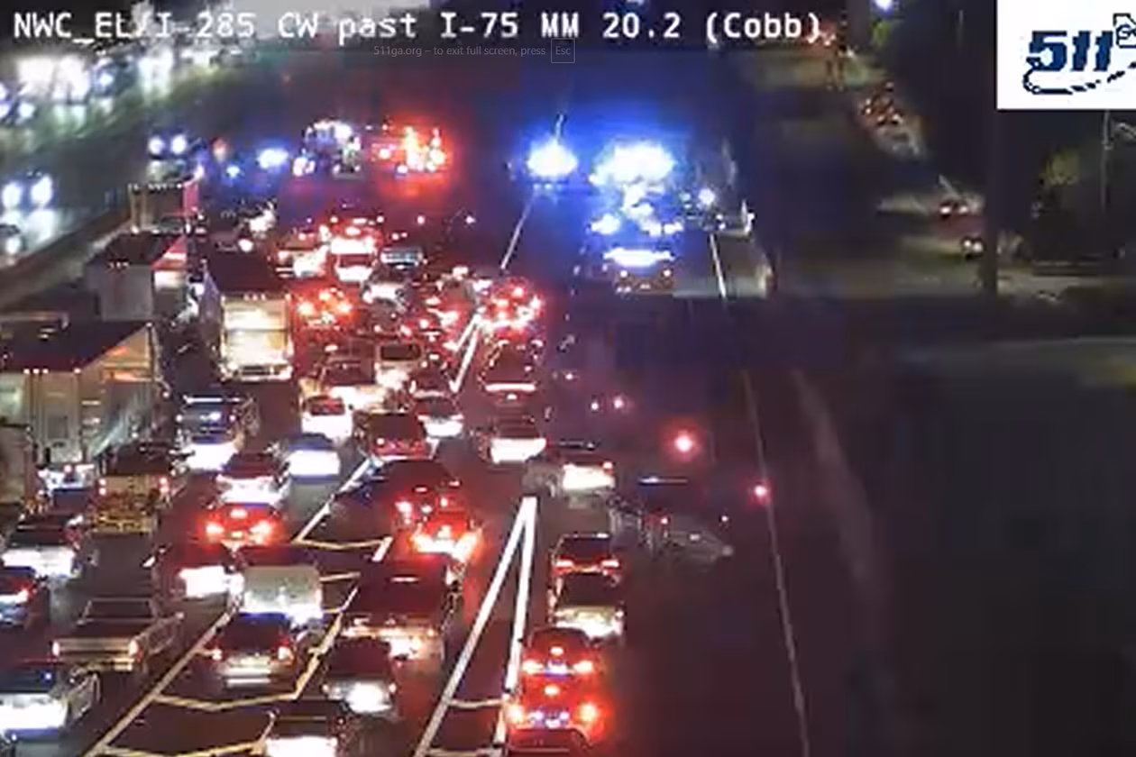 A crash blocks lanes on I-285 East near I-75 in Cobb County early Tuesday. (Georgia Department of Transportation)
