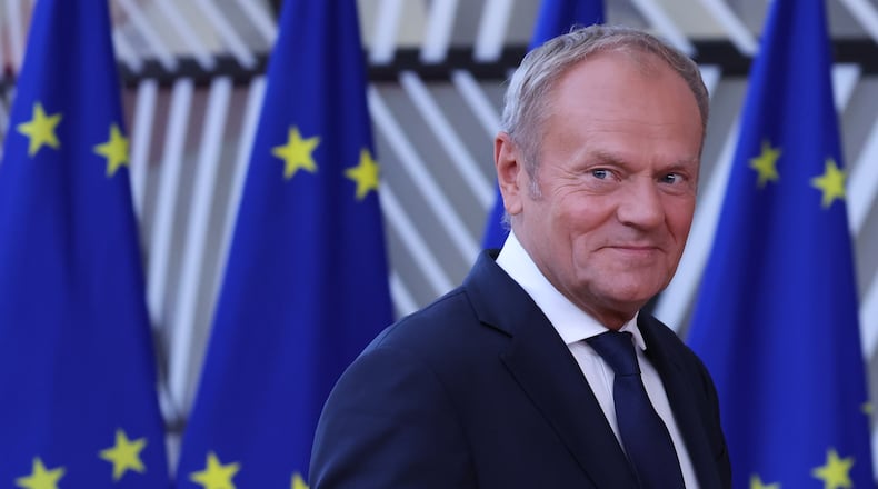 FILE - Poland's Prime Minister Donald Tusk arrives for the EU summit in Brussels, Thursday, June 18, 2026. (AP Photo/Omar Havana, File)