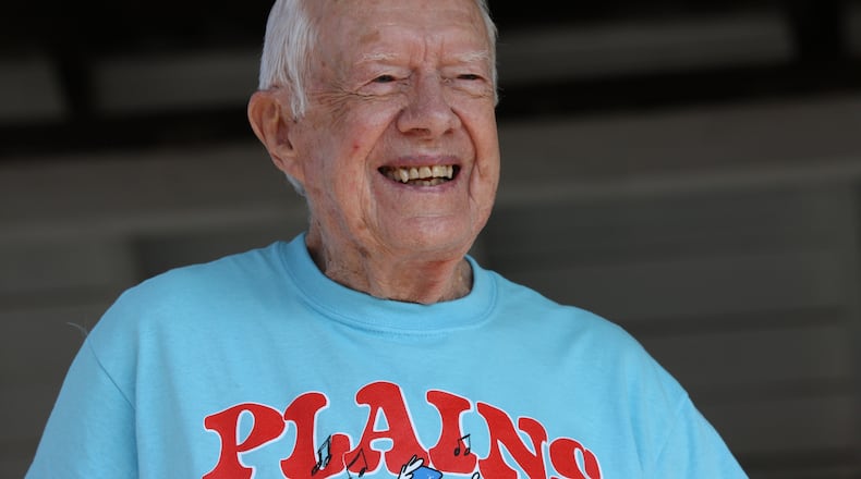 Jimmy Carter grins in his souvenir T-shirt at the 21st Annual Plains Peanut Festival on Saturday, Sept. 23, 2017. Carter turns 93 on Sunday, Oct. 1. Photo by Jill Stuckey
