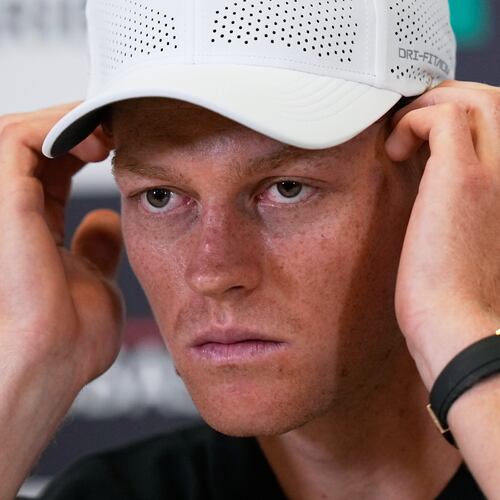 Jannik Sinner, of Italy, listens to a reporters' question during a press conference at the Italian Open at the Foro Italico in Rome, Thursday, May 7, 2026. (AP Photo/Alessandra Tarantino)