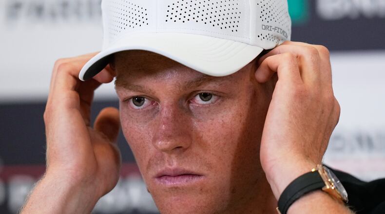 Jannik Sinner, of Italy, listens to a reporters' question during a press conference at the Italian Open at the Foro Italico in Rome, Thursday, May 7, 2026. (AP Photo/Alessandra Tarantino)