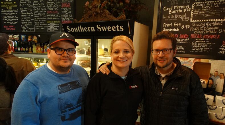 The new B98.5 morning show featuring producer Jeremy Powell (known long ago as "Fat Kid"), Melissa Carter and newcomer Tad Lemire. CREDIT: Rodney Ho/rho@ajc.com