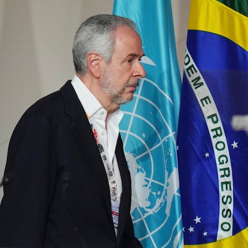 André Corrêa do Lago, COP30 president, arrives back into a plenary session at the COP30 U.N. Climate Summit, Saturday, Nov. 22, 2025, in Belem, Brazil. (AP Photo/Andre Penner)