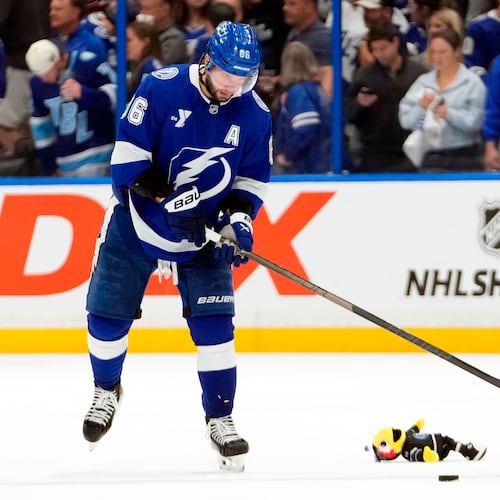Tampa Bay Lightning right wing Nikita Kucherov (86) reacts after the team lost to the Montréal Canadiens in Game 5 of an NHL hockey Stanley Cup first-round playoff series, Wednesday, April 29, 2026, in Tampa, Fla. (AP Photo/Chris O'Meara)