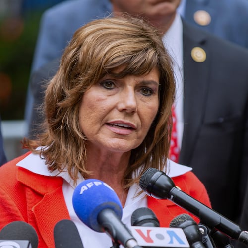 FILE - Rep. Diana Harshbarger, R-Tenn, speaks outside the hush money criminal case of former president Donald Trump in New York, May 16, 2024. (AP Photo/Ted Shaffrey, File)