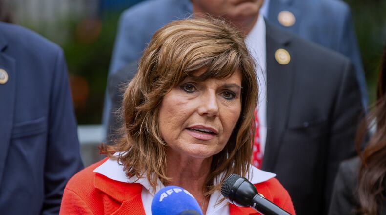FILE - Rep. Diana Harshbarger, R-Tenn, speaks outside the hush money criminal case of former president Donald Trump in New York, May 16, 2024. (AP Photo/Ted Shaffrey, File)