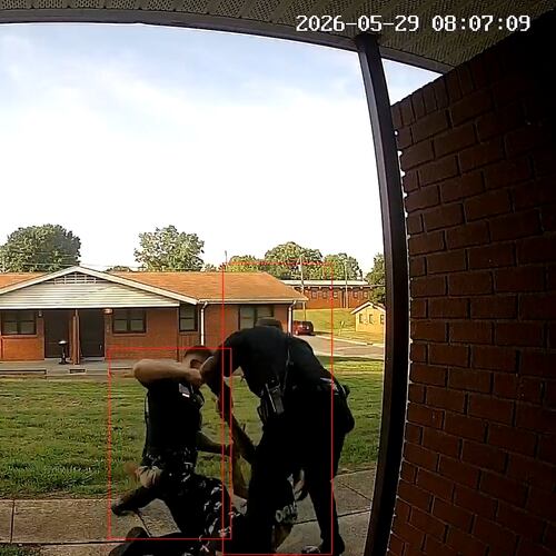 This doorbell camera video shows former North Carolina police officer Karson Hyder interaction with Cherrie Moore during an incident on May 29, 2026, in Shelby, N.C. (AP Photo)