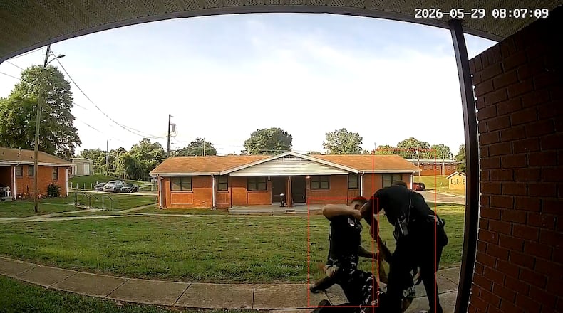 This doorbell camera video shows former North Carolina police officer Karson Hyder interaction with Cherrie Moore during an incident on May 29, 2026, in Shelby, N.C. (AP Photo)