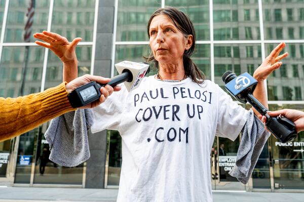 FILE - Gypsy Taub, David DePape's ex-girlfriend, speaks with reporters outside the Phillip Burton Federal Building and U.S. Courthouse where DePape's federal trial is underway in San Francisco on Thursday, Nov. 9, 2023. (AP Photo/Noah Berger, file)