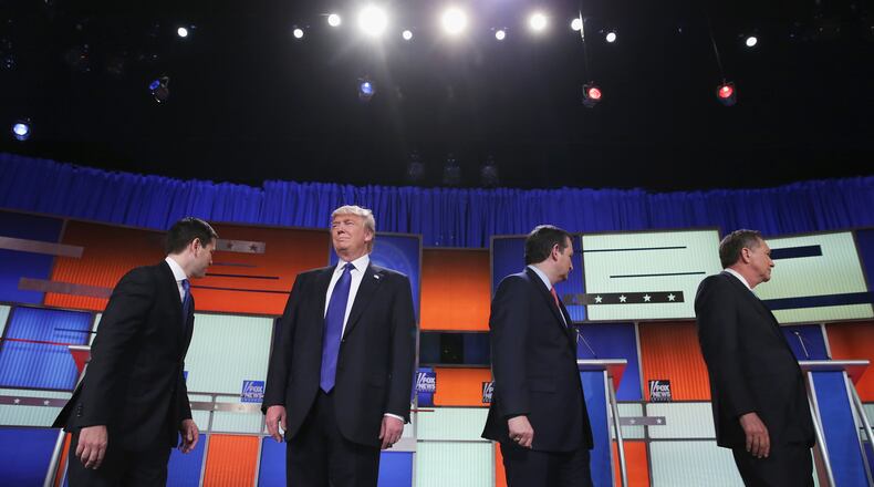 Republican presidential candidates (Lto R) Sen. Marco Rubio (R-FL), Donald Trump, Sen. Ted Cruz (R-TX), and Ohio Gov. John Kasich, participate in a debate sponsored by Fox News on March 3, 2016 in Detroit, Michigan. Voters in Michigan will go to the polls March 8 for the State's primary. (Photo by Chip Somodevilla/Getty Images)