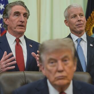 President Donald Trump and Energy Secretary Chris Wright listen as Interior Secretary Doug Burgum speaks in the Oval Office of the White House, Friday, July 24, 2026, in Washington. (AP Photo/Rod Lamkey, Jr.)