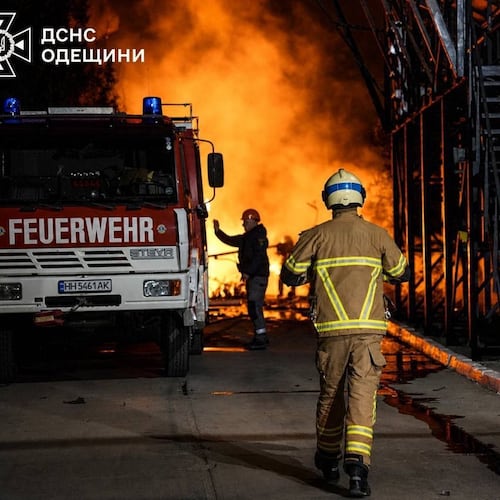 Ukrainian emergency crew responds to a fire in Ukraine's southern Odesa region after Russian attack overnight on Sunday, May 3, 2026. (Ukrainian Emergency Service via AP)