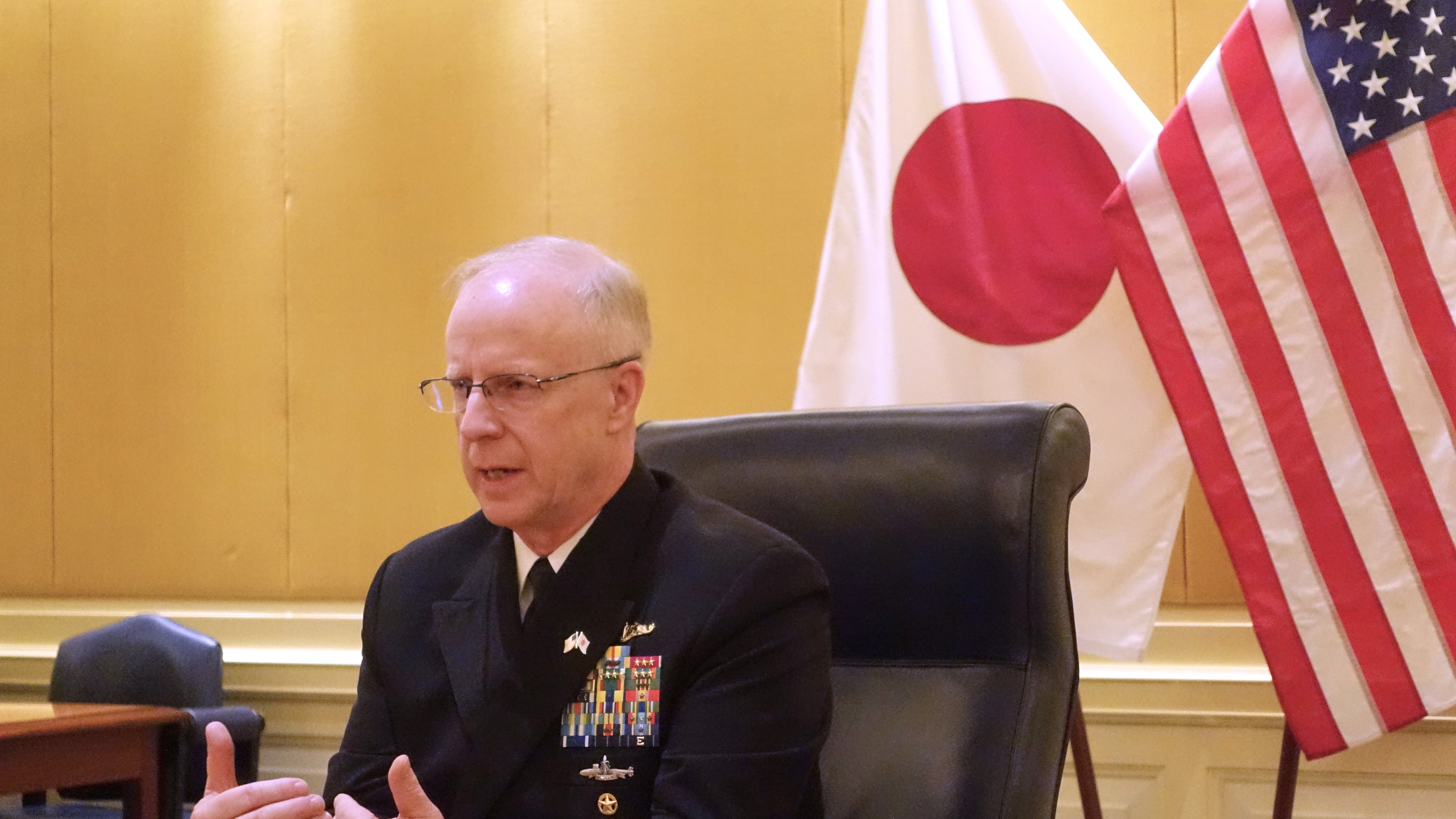 U.S. Chief of Naval Operations, Adm. Daryl Caudle, talks to selected journalists during his visit in Tokyo, Monday, Nov. 17, 2025. (AP Photo/Mari Yamaguchi)