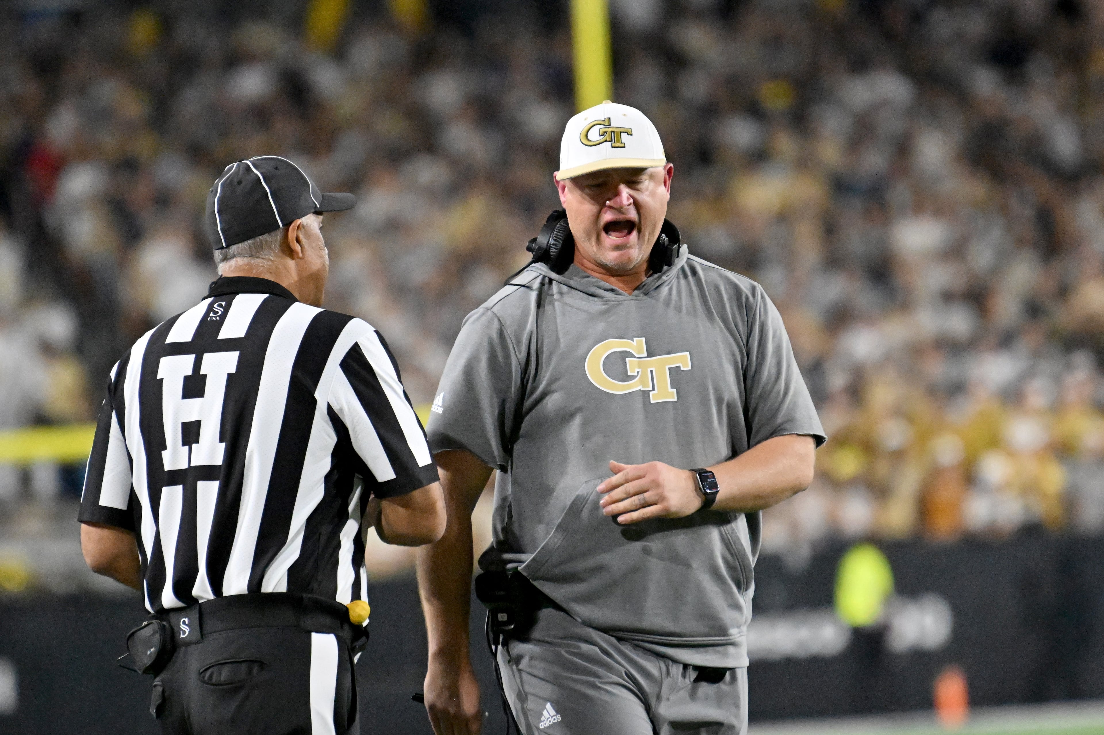 Georgia Tech head coach Brent Key reacts during the first half in an NCAA college football game at Bobby Dodd Stadium, Saturday, November 22, 2025 in Atlanta. (Hyosub Shin / AJC)