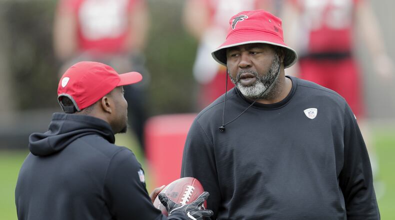 HOUSTON, TX - FEBRUARY 03:  Linebackers Coach Bryan Cox of the Atlanta Falcons talks during the Super Bowl LI practice on February 3, 2017 in Houston, Texas.  (Photo by Tim Warner/Getty Images)