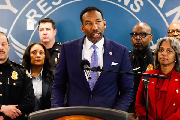 Mayor Andre Dickens speaks during a press conference at the Atlanta Police Department Public Safety Headquarters in Atlanta on Monday, April 6, 2026. The press conference was held to discuss the violence that took place over the weekend during the 404 Day celebration in Piedmont Park. (Abbey Cutrer/AJC)