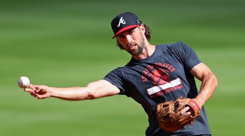 Braves infielder Charlie Culberson works second base during batting practice as the team prepares to play a intrasquad game on Monday July 13, 2020 in Atlanta. The game is the first extended telecast of the team in action since the coronavirus pandemic shut down spring training in March. Curtis Compton ccompton@ajc.com