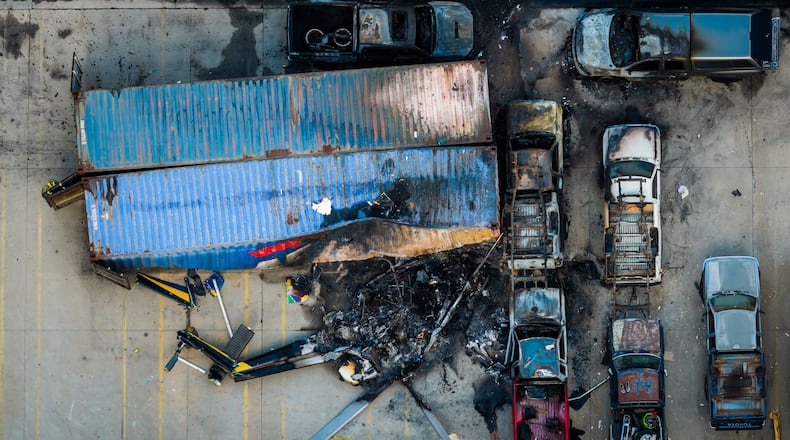 An aerial view of the aftermath of a news helicopter that crashed in Chatsworth, a neighborhood in Los Angeles, Wednesday, Sept. 16, 2026. (AP Photo/Ethan Swope)