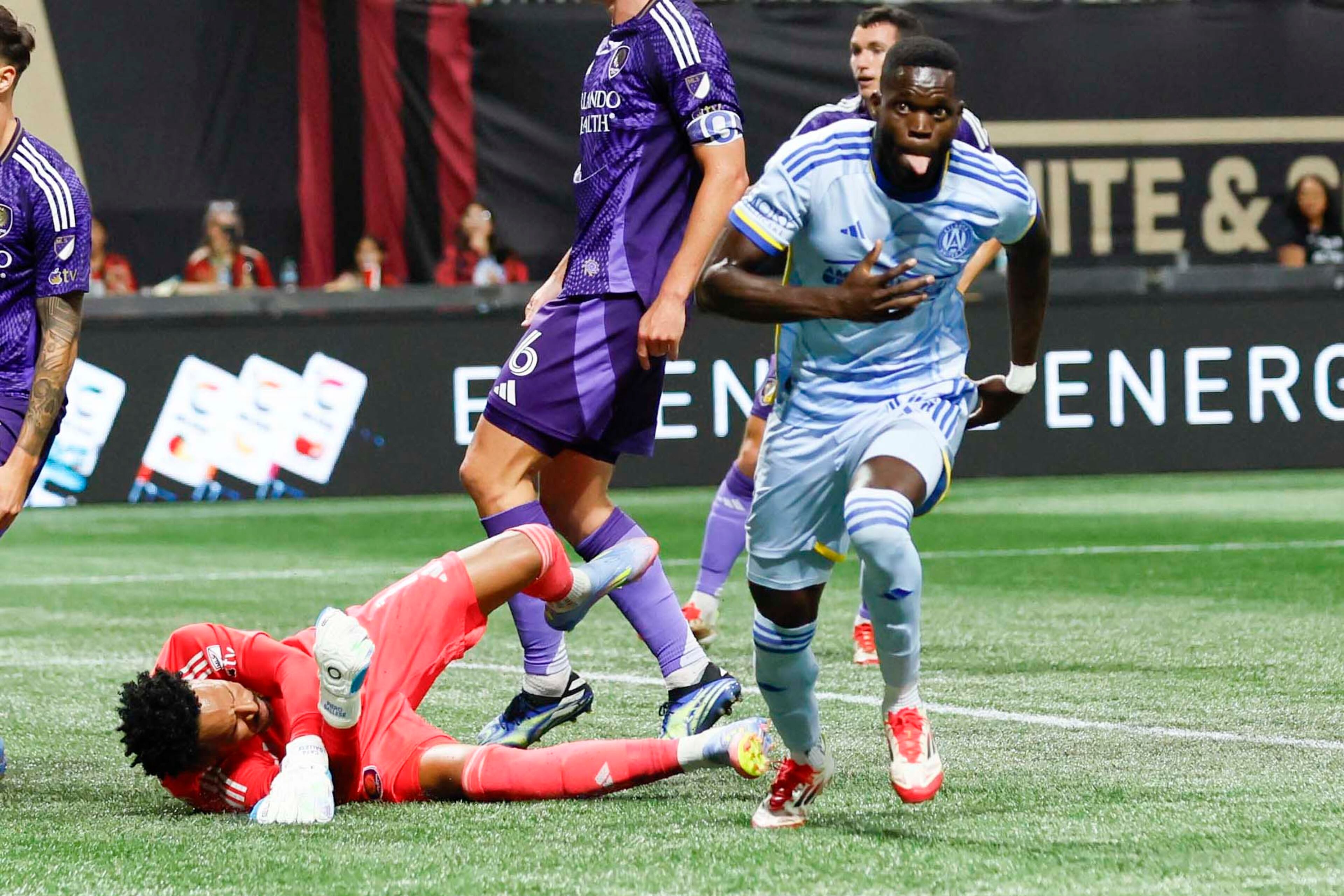Atlanta United forward Jamal Thiaré (14) reacts after scoring the winning goal in stoppage time during the second half against Orlando City at Mercedes-Benz Stadium on Wednesday, May 28, 2025, in Atlanta. Atlanta United won 3-2.
(Miguel Martinez/ AJC)