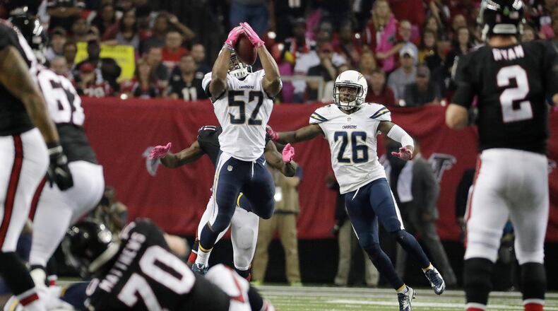 Falcons quarterback Matt Ryan throws an interception to San Diego inside linebacker Denzel Perryman in the fourth quarter, eventually leading to a game-tying field goal by the Chargers. The Falcons blew a 27-10 lead and lost in overtime 30-27. (AP photo)