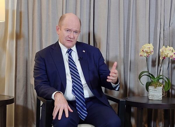 U.S. Senator Chris Coons is interviewed by the Associated Press in Taipei, Taiwan, Thursday, April 17, 2025. (AP Photo/Chiang Ying-ying)