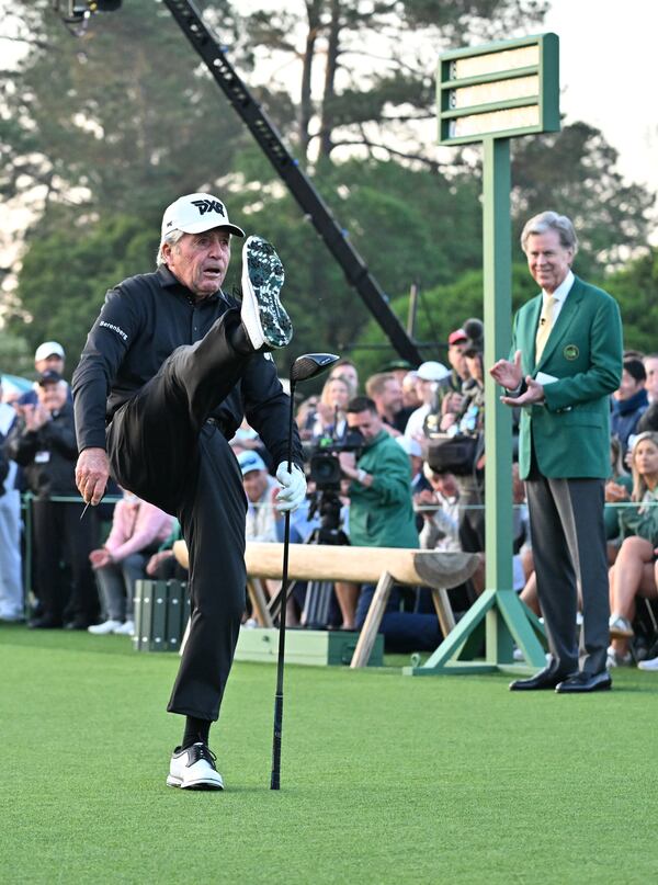 Gary Player is the first Honrorary Starter to tee off before first round of the Masters golf tournament, at Augusta National Golf Club, Thursday, April 10, 2025, in Augusta, Ga. (Hyosub Shin / AJC)