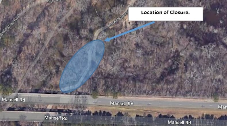 A 100-foot section of the Big Creek Greenway Boardwalk, north of the Mansell Road Overpass in Roswell, is closed for repairs. COURTESY CITY OF ROSWELL