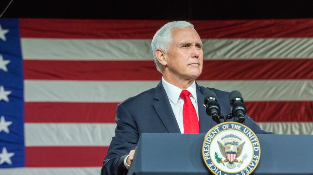 Vice President Mike Pence speaks to supporters at Rock Springs Church for a rally for Rep. Senators Loeffler and Perdue in Milner, GA stumping for votes Monday, January 4, 2021, a day before the runoff election. (Jenni Girtman for The Atlanta Journal-Constitution)